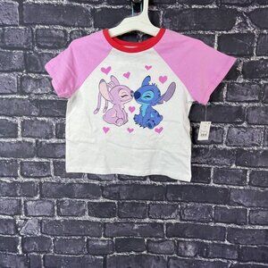 Disney M 8 Stitch Raglan Graphic T-shirt White pink Cropped Medium